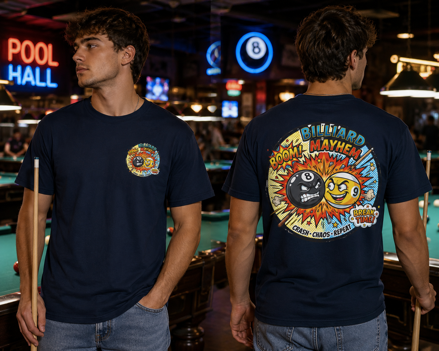 Billiard Mayhem Comic Pool Player T-Shirt | Boom! Break Time! Funny 8 Ball & 9 Ball Graphic Tee | Front & Back Print