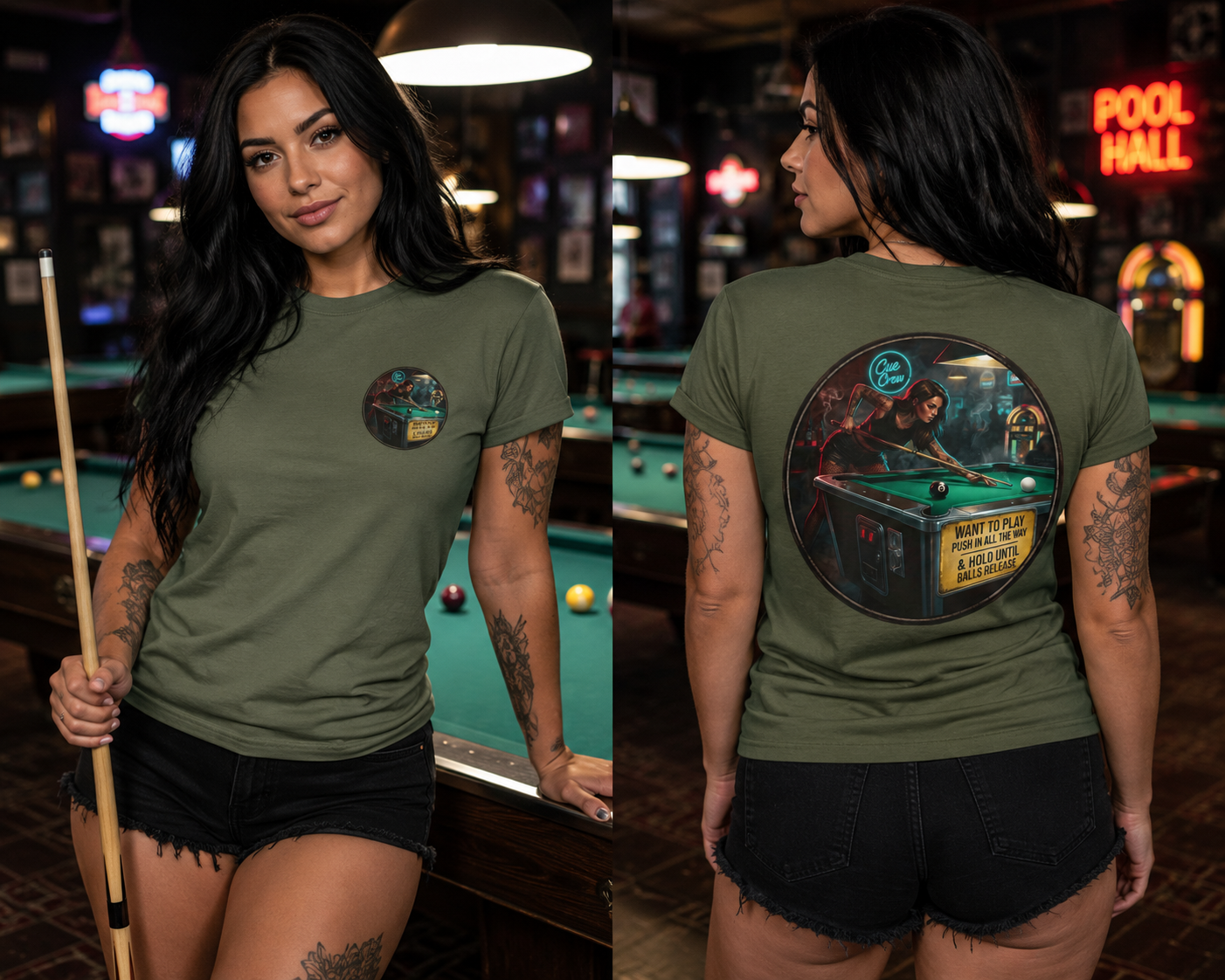 Push In All The Way Billiards T-Shirt – Vintage Coin-Op Pool Hall Graphic Tee | Front & Back Print