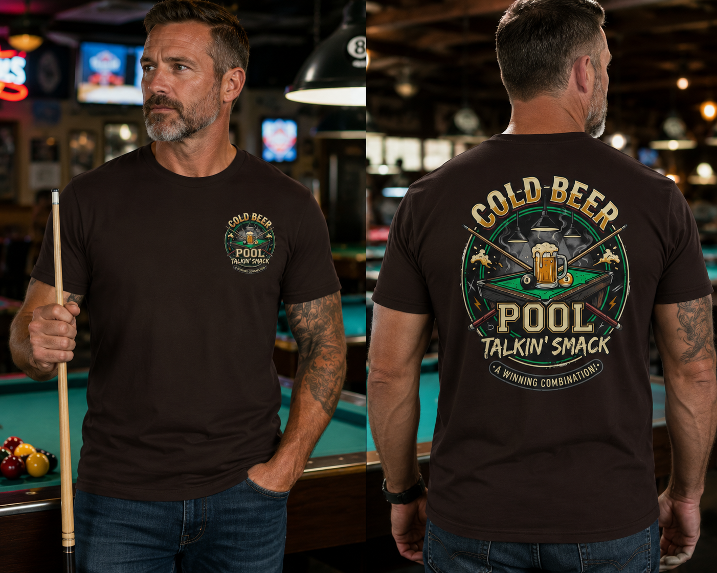 Cold Beer, Pool & Talkin' Smack Billiards T-Shirt | Funny Pool Player Graphic Tee | Front & Back Print