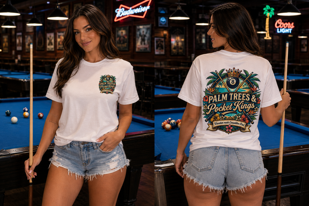 Palm Trees & Pocket Kings Billiards T-Shirt | Tropical Pool Player Graphic Tee | Vacation Pool Hall Shirt | Front & Back Print