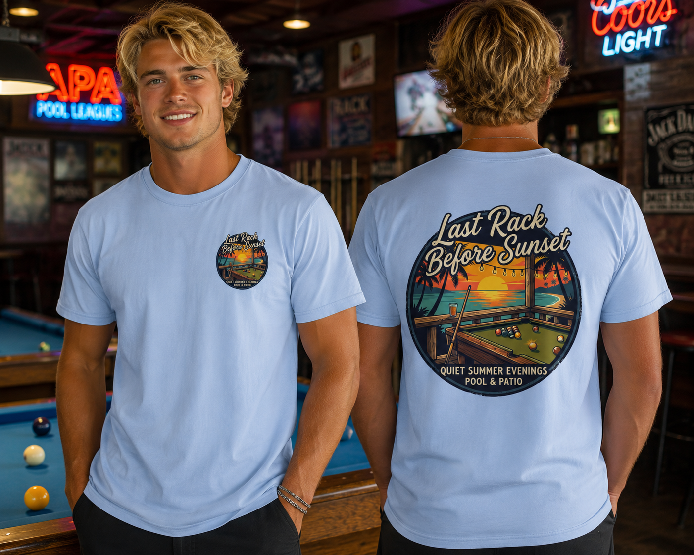 Last Rack Before Sunset Billiards T-Shirt | Tropical Pool Hall Sunset Graphic Tee | Beach Vibes Pool Player Shirt