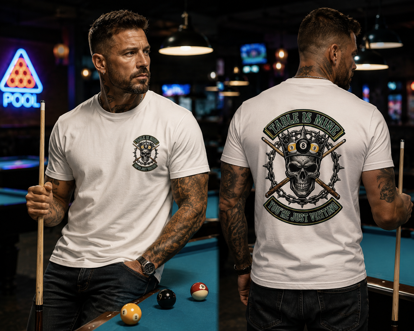 Table Is Mine You're Just Visiting Billiards T-Shirt | Skull King Pool Player Graphic Tee | Front & Back Print