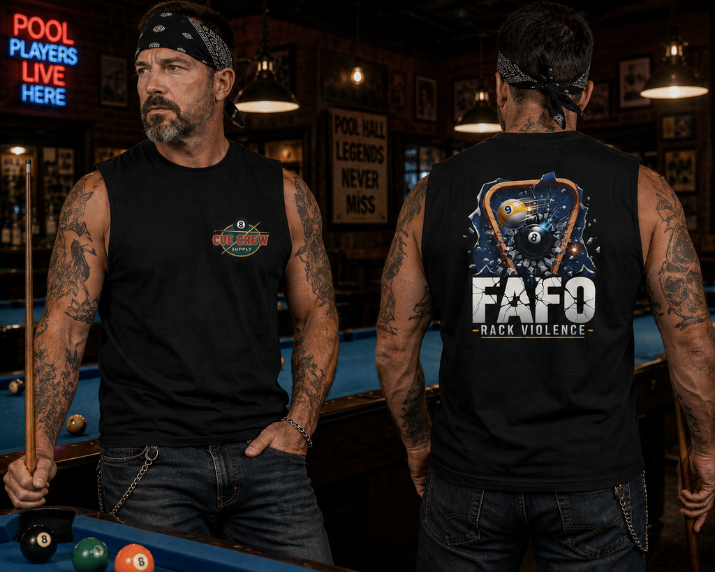 FAFO Rack Violence Billiards Muscle Tank Top | Funny Pool Player Sleeveless Gym & League Shirt | Front & Back Print
