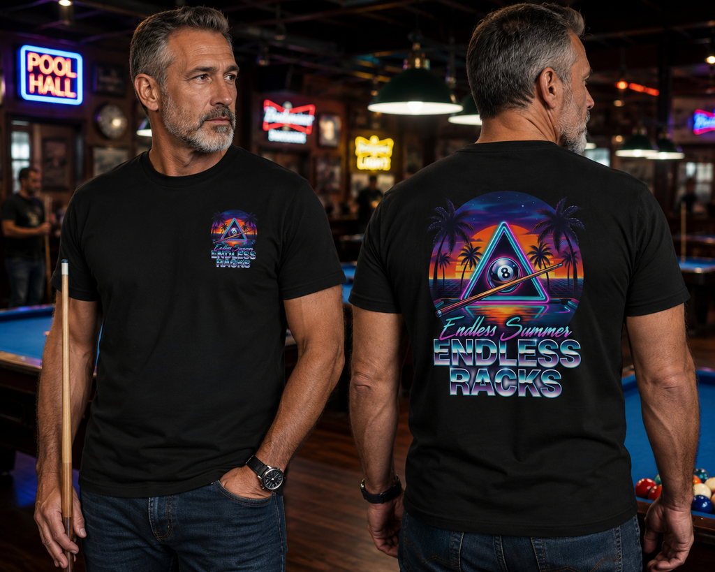 Endless Summer Endless Racks Billiards T-Shirt | Retro Sunset Pool Player Graphic Tee | Tropical 8 Ball Beach Vibes Shirt