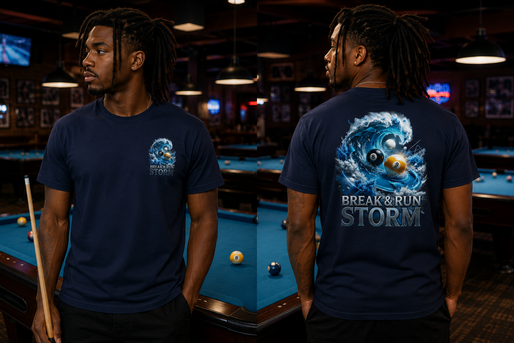Break & Run Storm Billiards T-Shirt | Ocean Wave Pool Player Graphic Tee | Front & Back Print