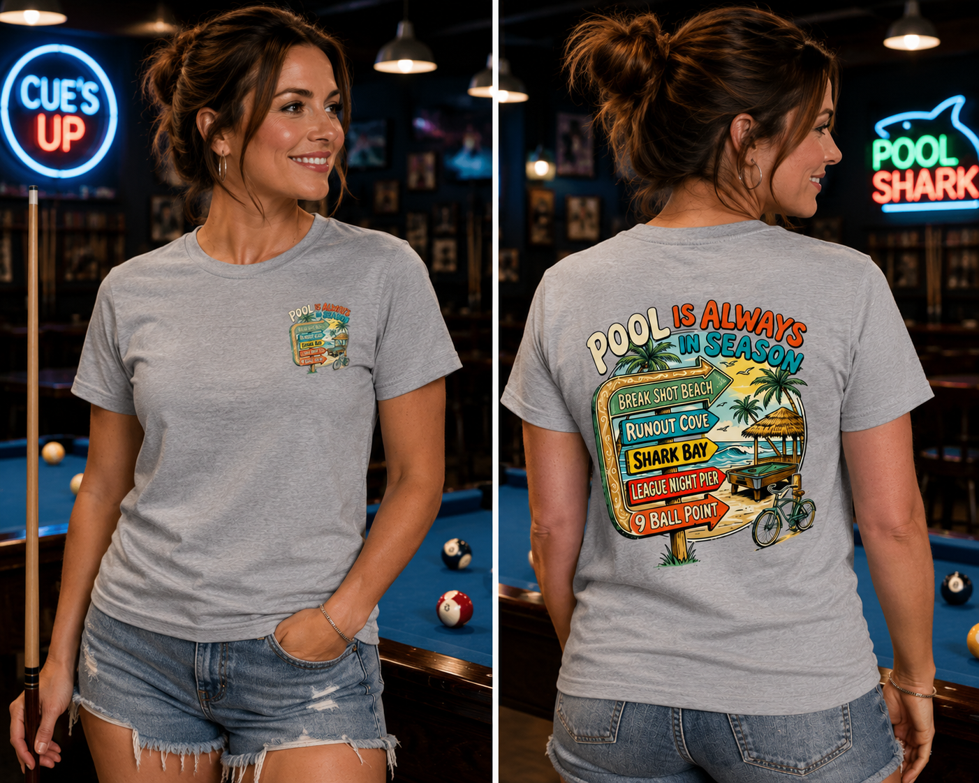 Pool Is Always in Season Billiards T-Shirt | Beach Pool Player Graphic Tee | Tropical Runout Cove Front & Back Print