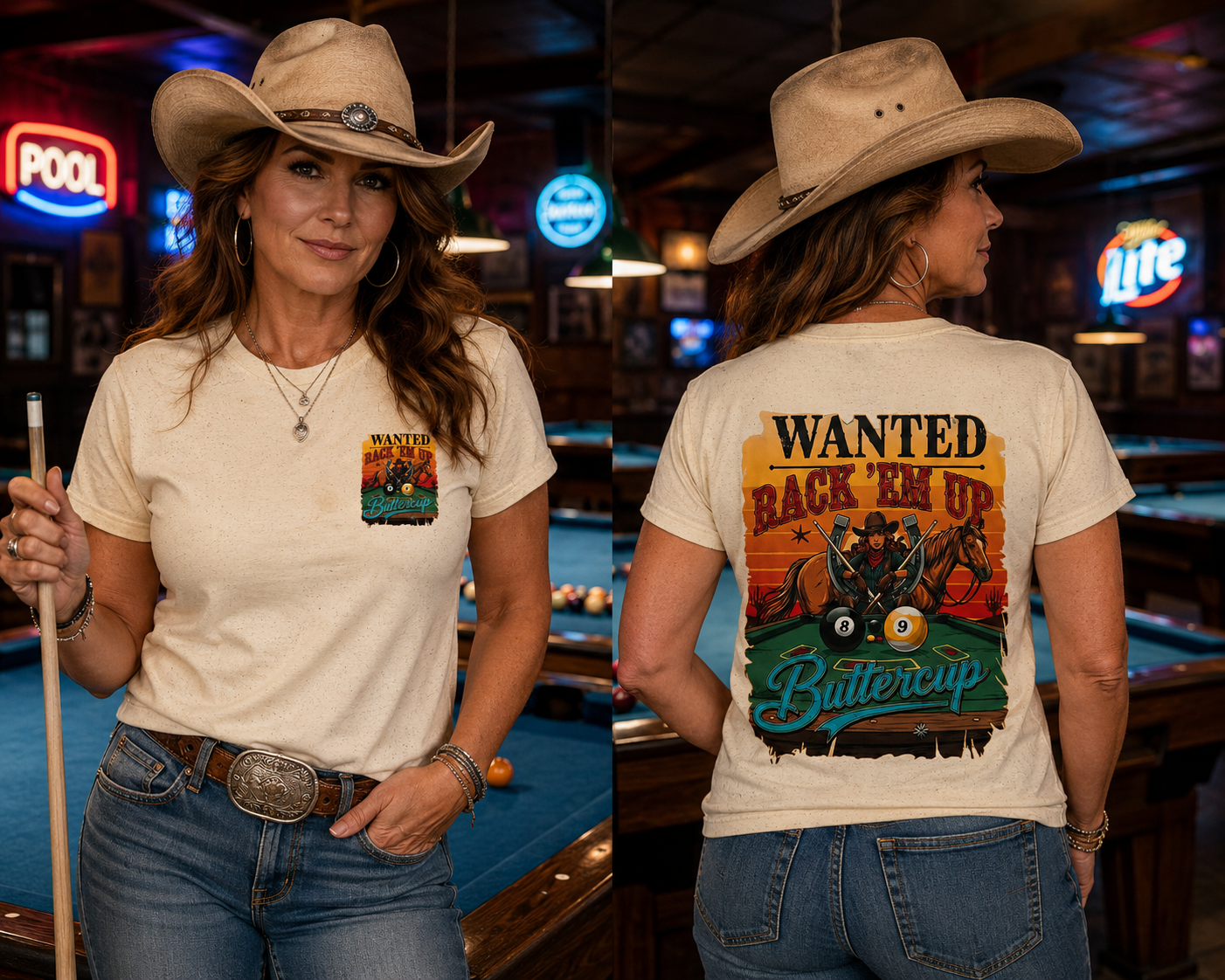 Rack 'Em Up Buttercup Cowboy Billiards T-Shirt | Funny Western Pool Player Graphic Tee | Front & Back Print