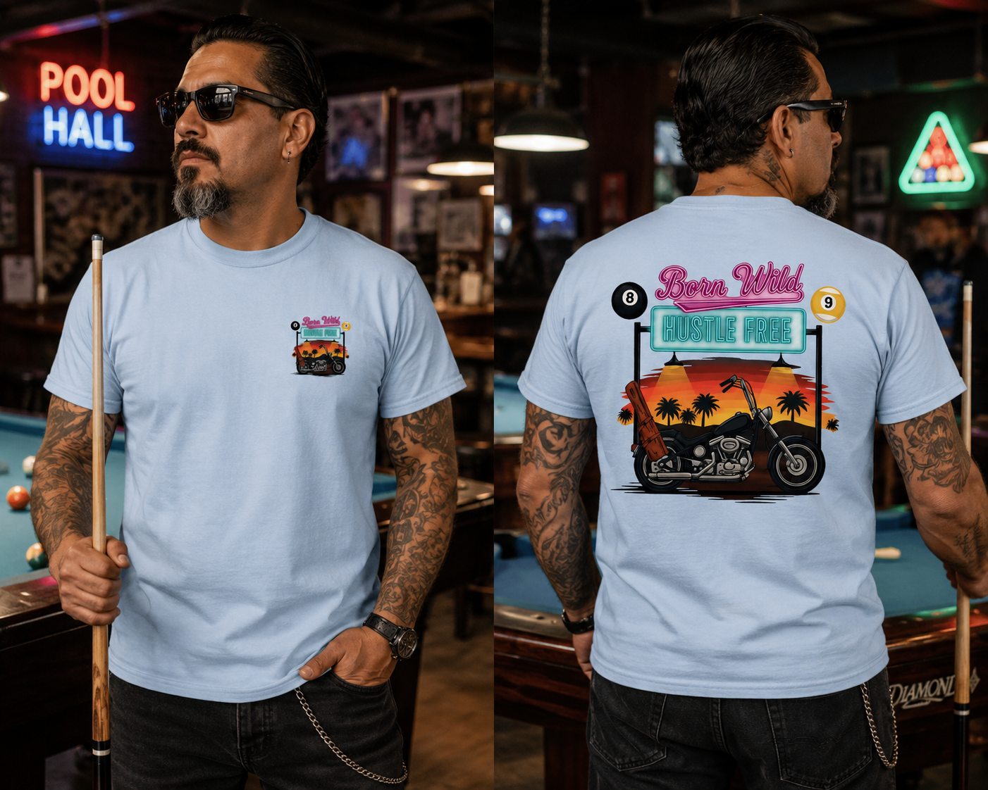 Born Wild, Hustle Free Biker Billiards T-Shirt – Funny Pool Player Motorcycle Graphic Tee | Front & Back Print