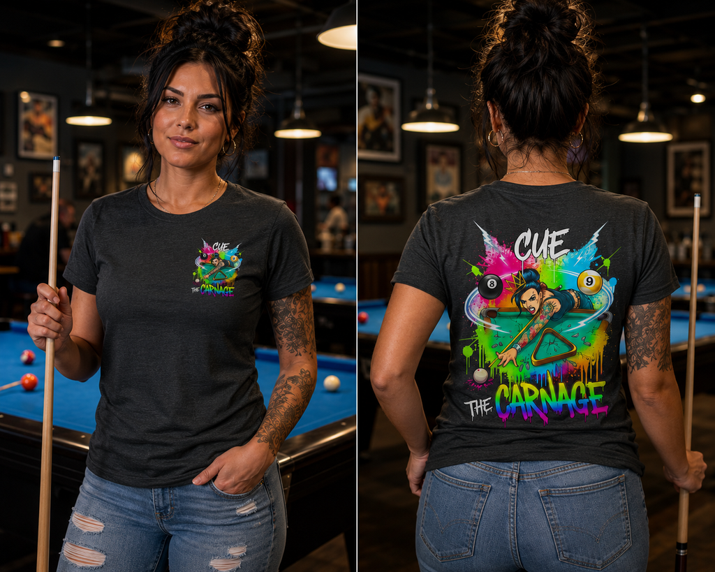 Cue the Carnage Funny Billiards T-Shirt – Tattooed Pool Shark Graphic Tee | Front & Back Print