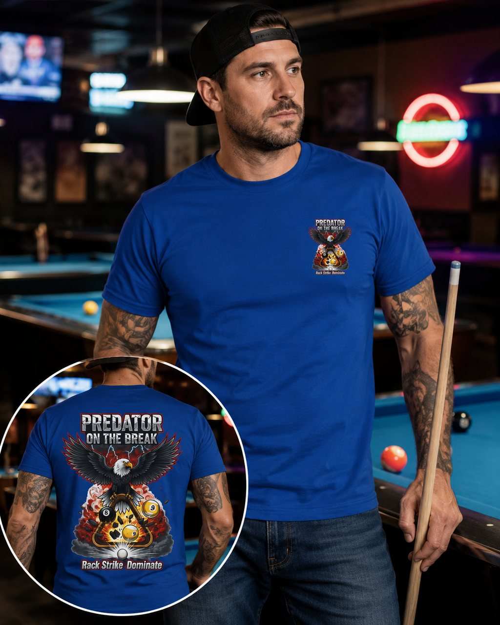 Predator on the Break Billiards T-Shirt | Eagle Pool Player Graphic Tee | Rack Strike Dominate | Front & Back Print