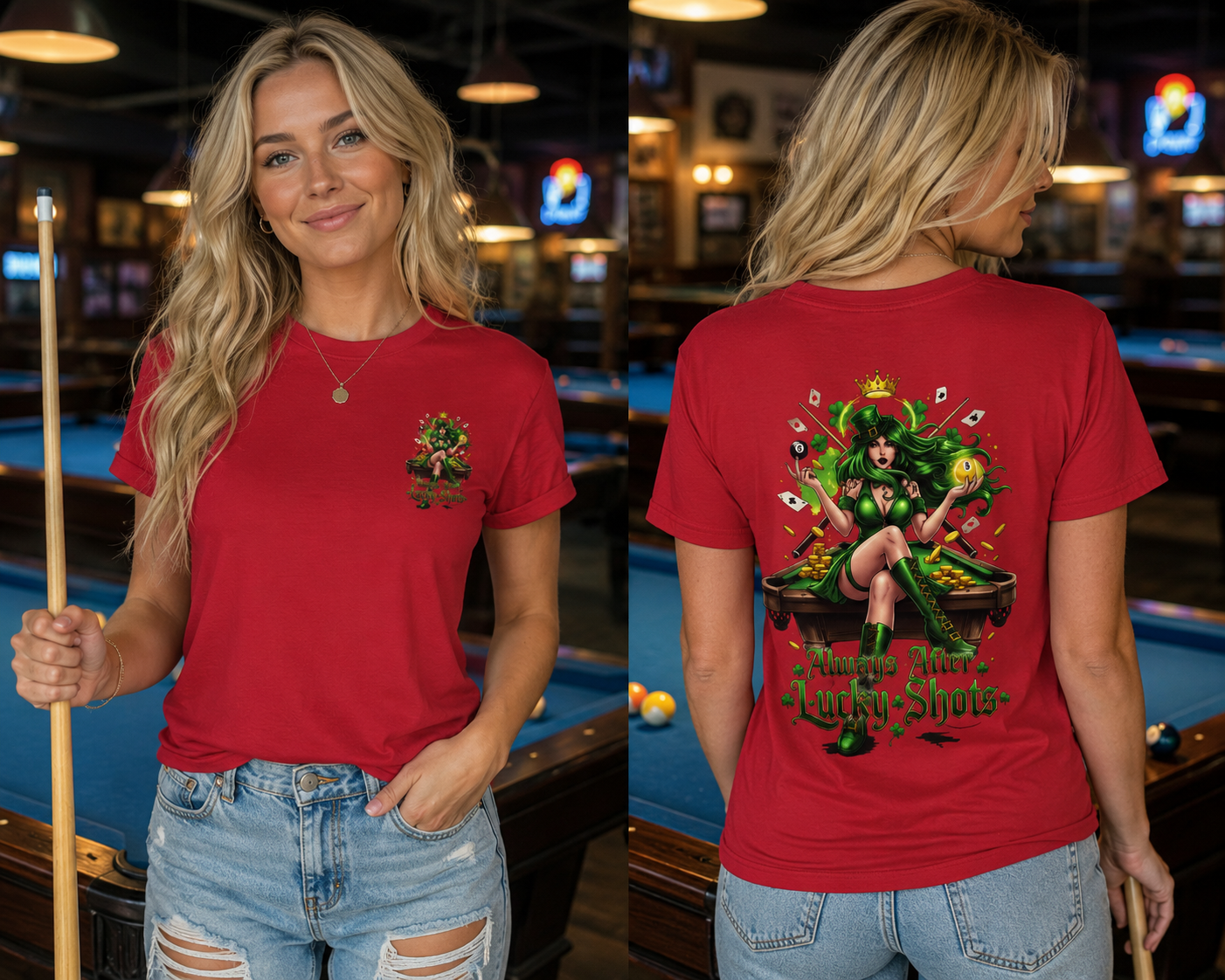 Always After Me Lucky Shots Funny Irish Billiards T-Shirt | St. Patrick's Day Pool Player Graphic Tee | Front & Back Print
