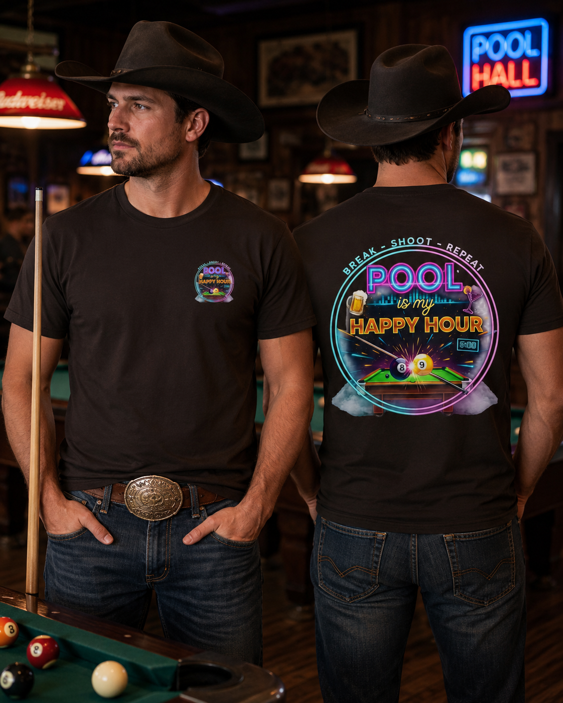 Pool Is My Happy Hour Funny Billiards T-Shirt | Neon Pool Hall Graphic Tee | Front & Back Print
