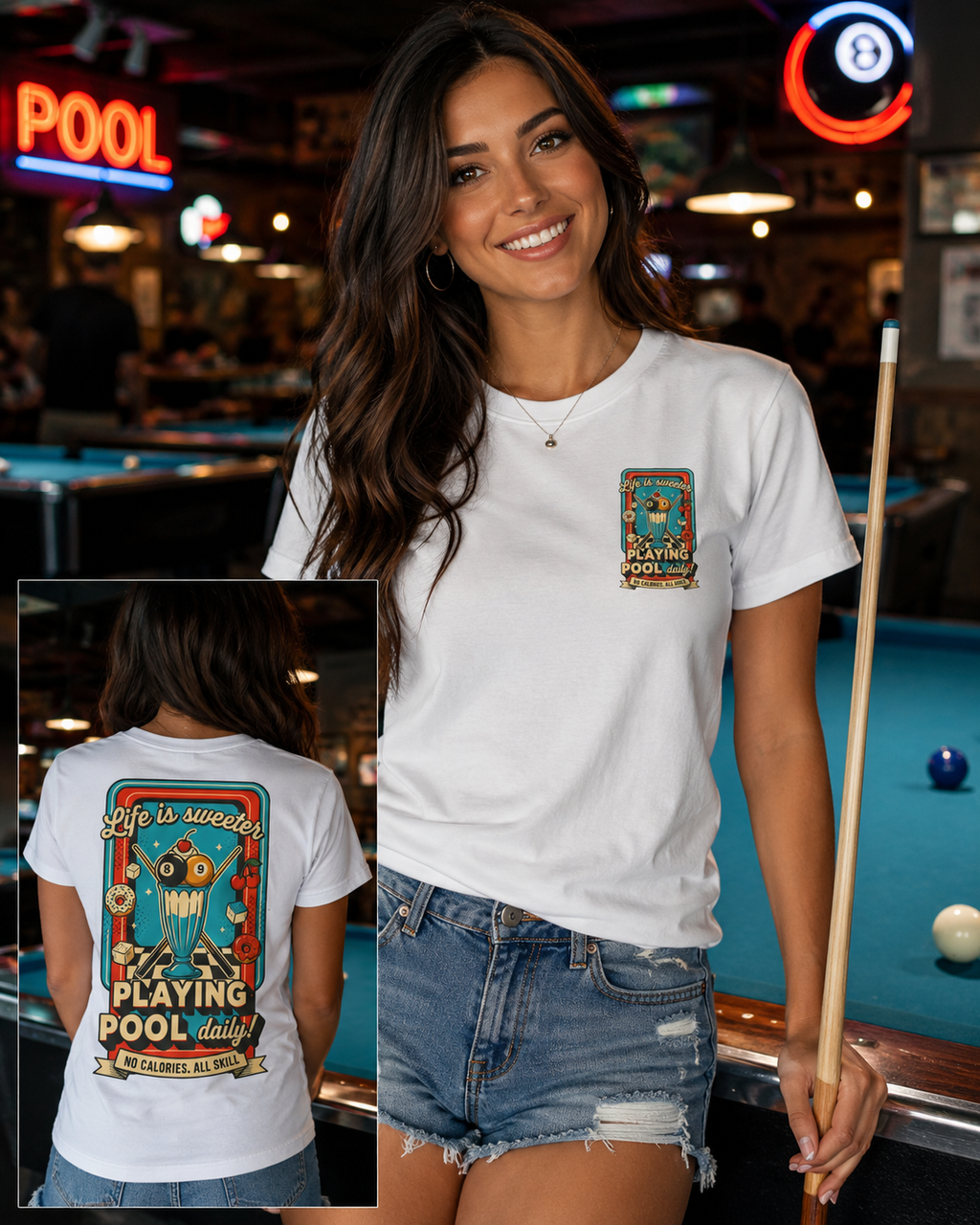 Life Is Sweeter Playing Pool Daily! Funny Billiards Ice Cream Sundae Graphic T-Shirt | Front & Back Print
