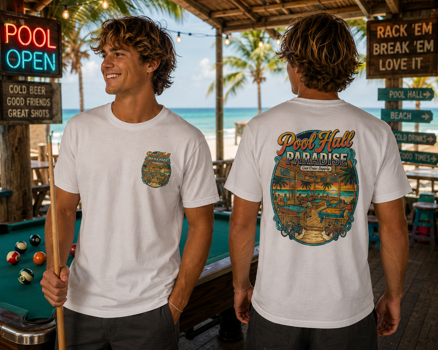 Pool Hall Paradise Beach Billiards T-Shirt V1 | Tropical Pool Player Graphic Tee | Front & Back Print