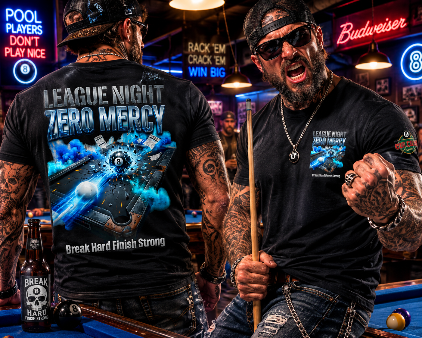 League Night Zero Mercy Pool Player T-Shirt | Funny Billiards League Tee | Front & Back Graphic | Cue Crew Supply