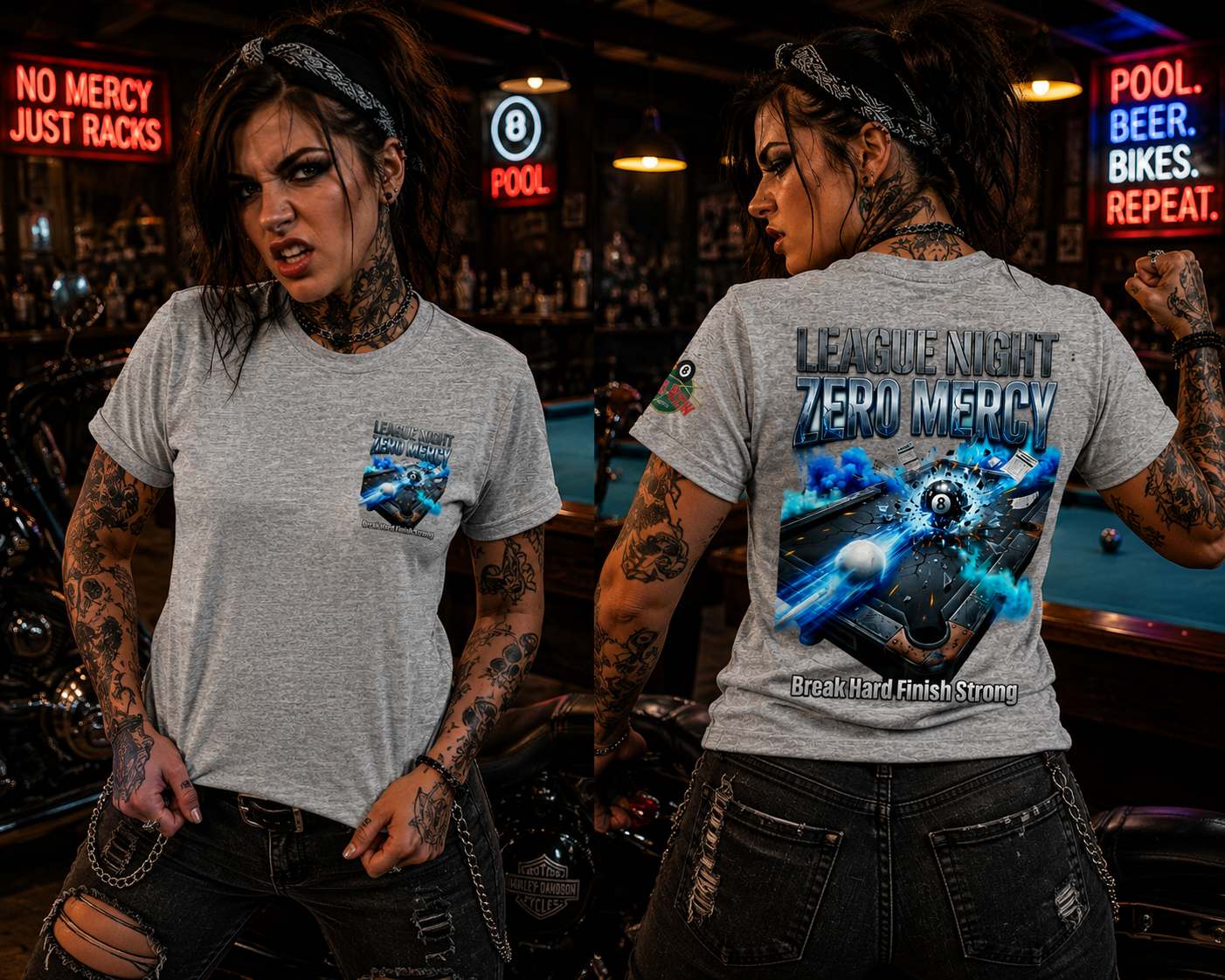 League Night Zero Mercy Pool Player T-Shirt | Funny Billiards League Tee | Front & Back Graphic | Cue Crew Supply