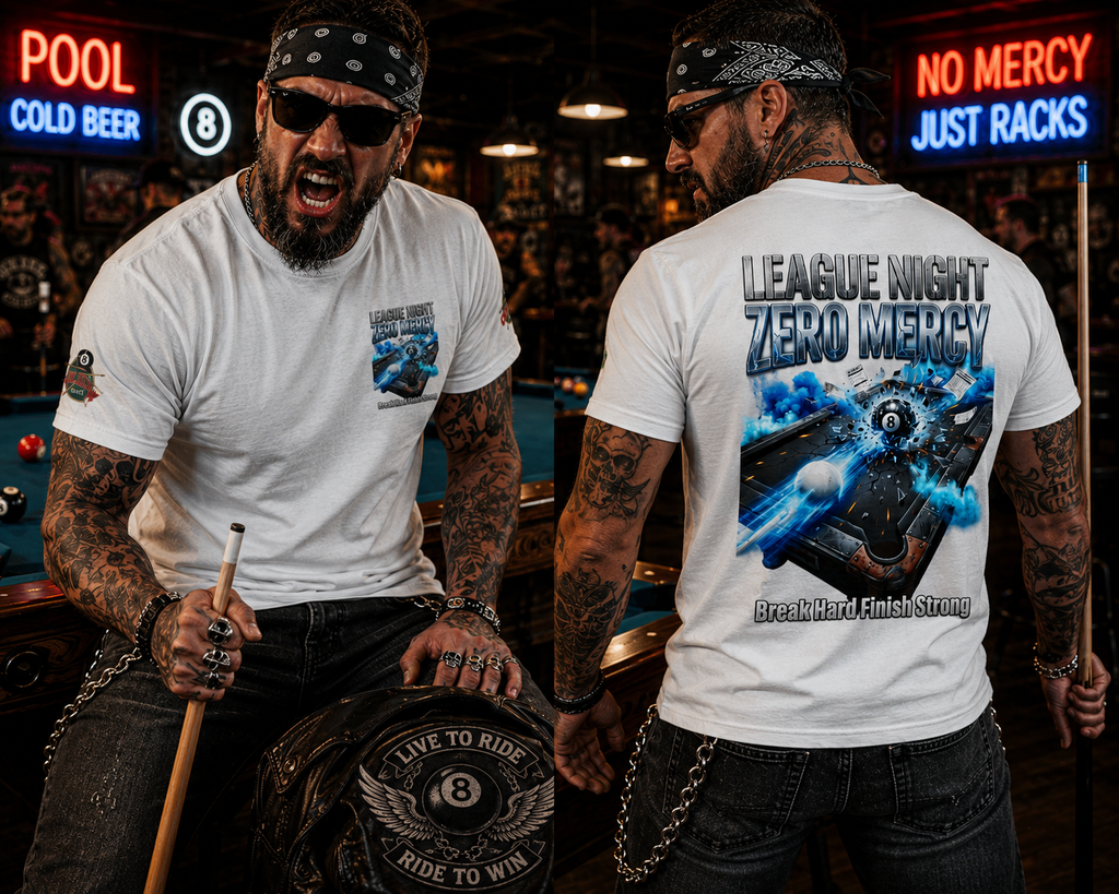 League Night Zero Mercy Pool Player T-Shirt | Funny Billiards League Tee | Front & Back Graphic | Cue Crew Supply