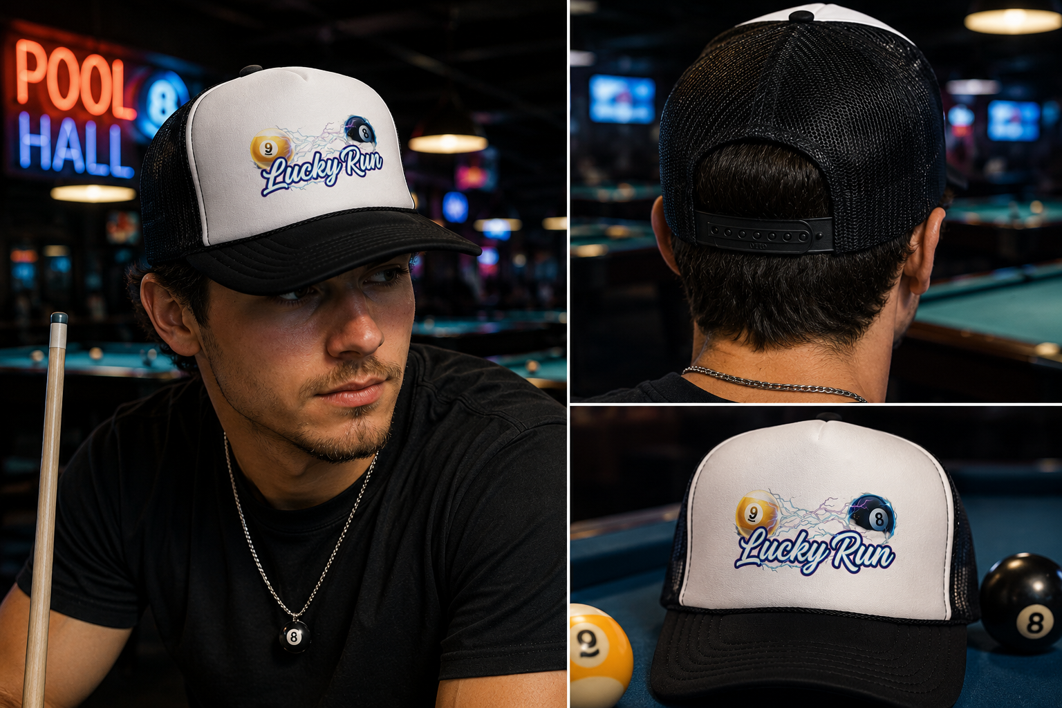 Lucky Run Electric 8 Ball & 9 Ball Billiards Trucker Hat | OTTO 39-165 Foam Snapback Pool Player Cap