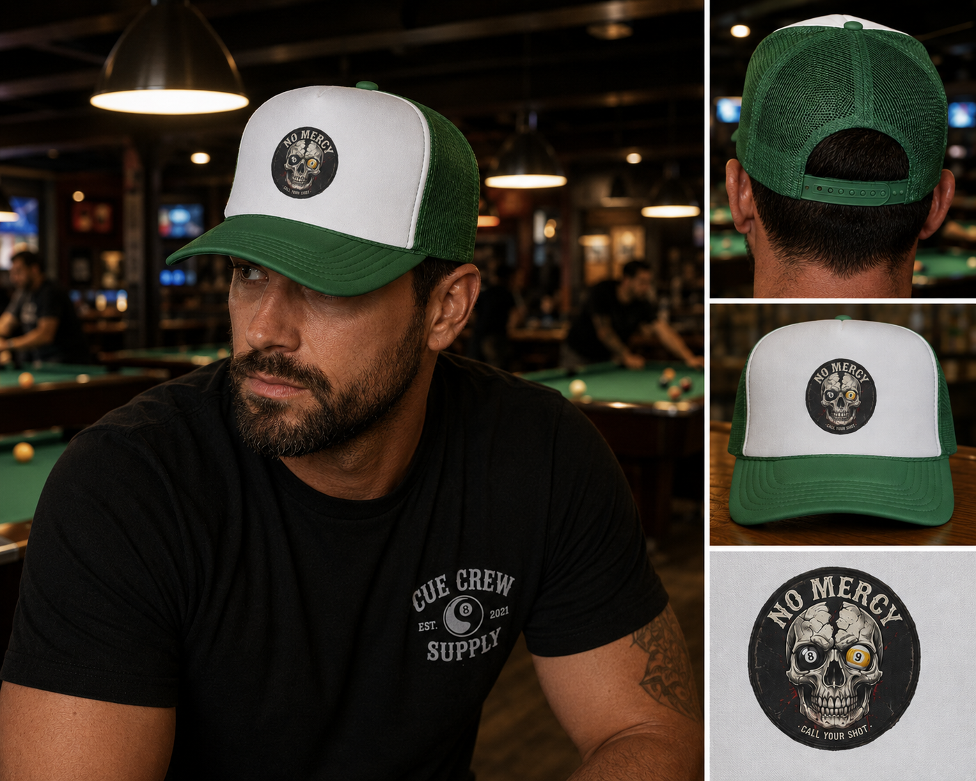 No Mercy Call Your Shot Skull Billiards Trucker Hat | Pool Player Snapback Cap | OTTO 39-165 Foam Mesh Hat