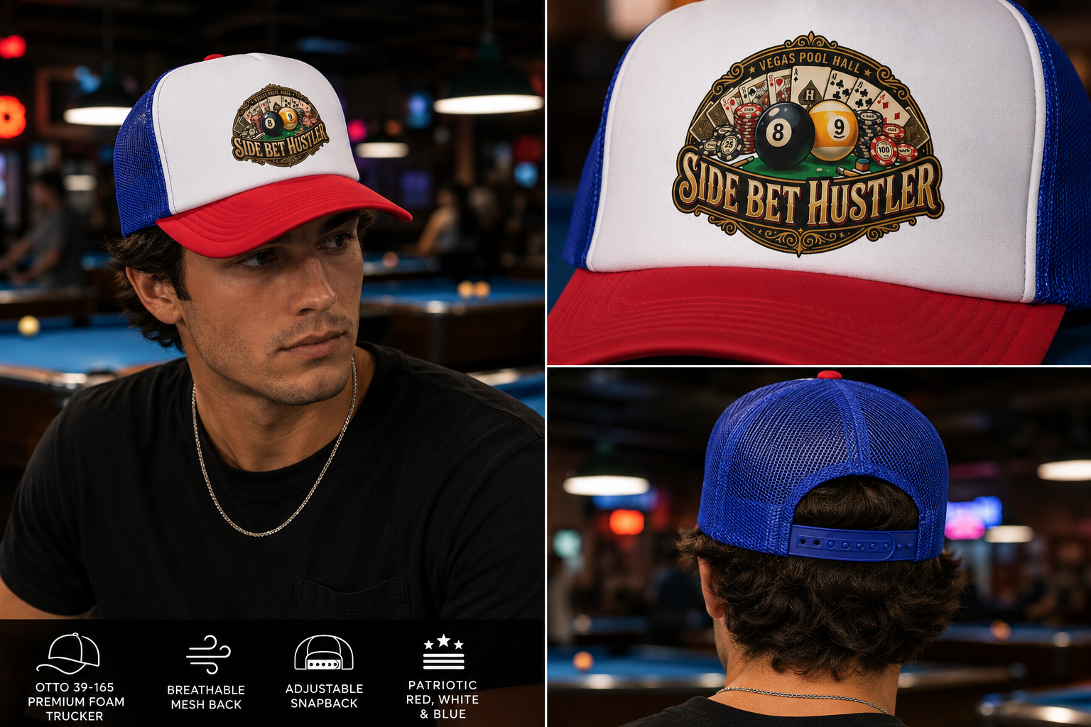 Side Bet Hustler Patriotic Billiards Trucker Hat – Pool Player Foam Snapback Cap | OTTO 39-165