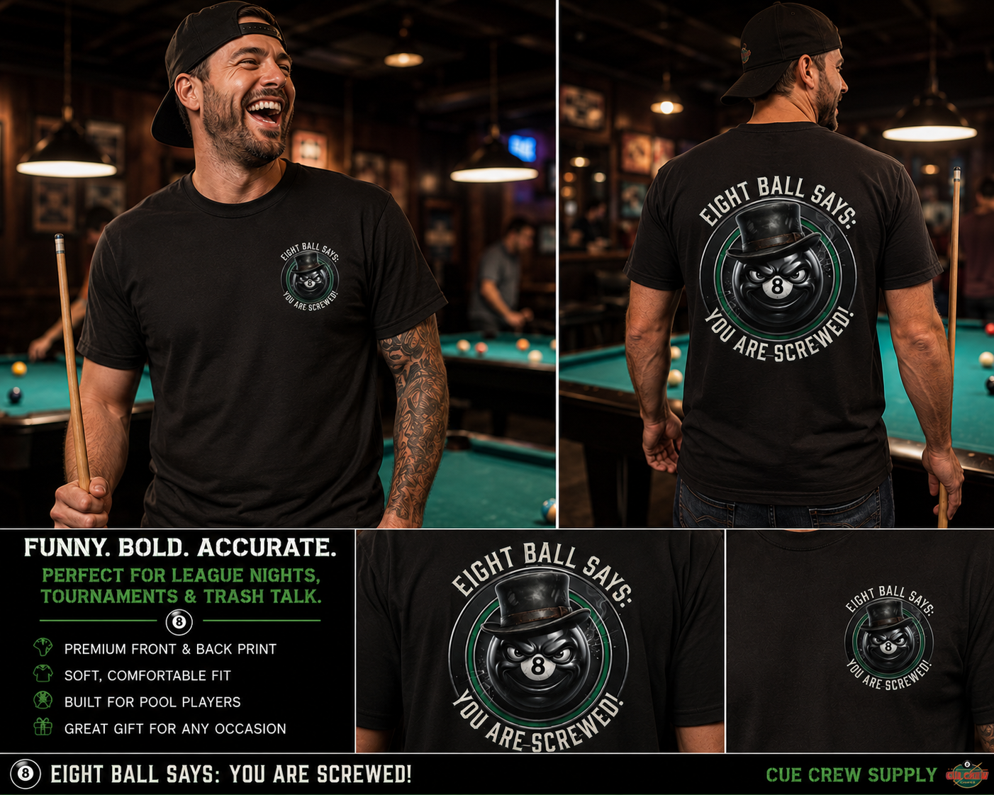 Eight Ball Says: You Are Screwed! Funny Billiards T-Shirt | Vintage 8 Ball Pool Player Graphic Tee | Front & Back Print