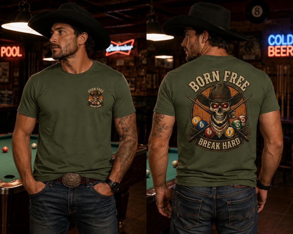 Born Free Break Hard Cowboy Skull Billiards T-Shirt | Western Pool Player Graphic Tee | Front & Back Print