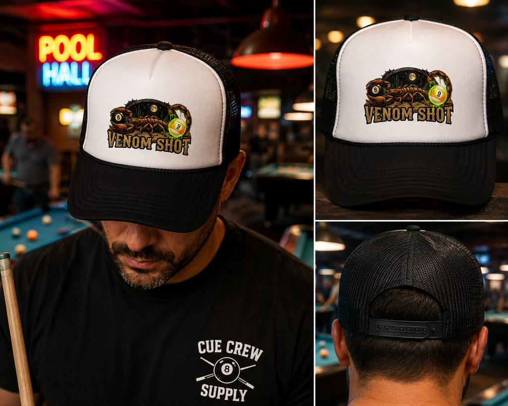 Venom Shot Scorpion Billiards Trucker Hat – Desert 8 Ball & 9 Ball Pool Player Foam Snapback Cap | OTTO 39-165