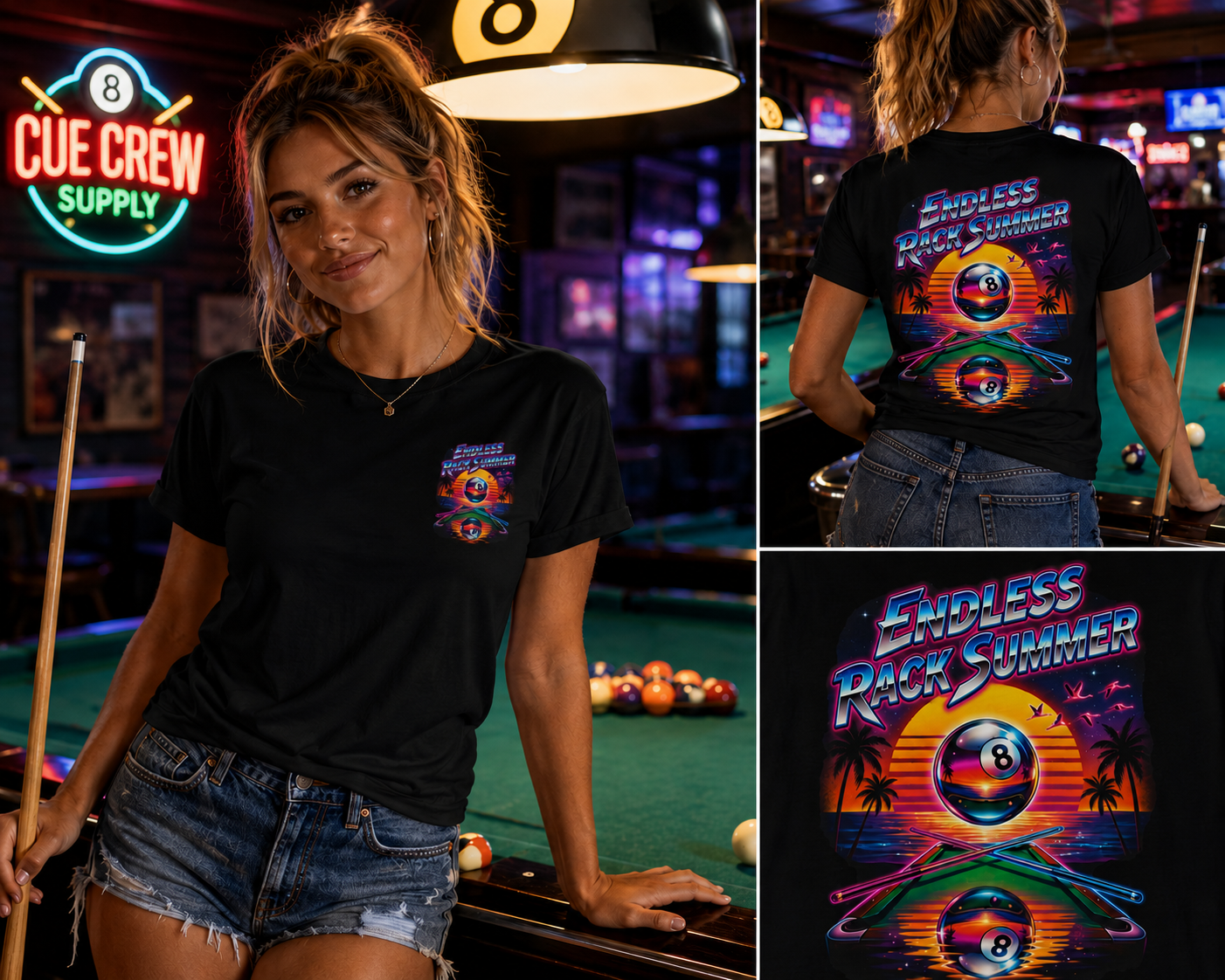 Endless Rack Summer Retro Sunset Billiards T-Shirt | Tropical 8 Ball Pool Player Graphic Tee | Front & Back Print
