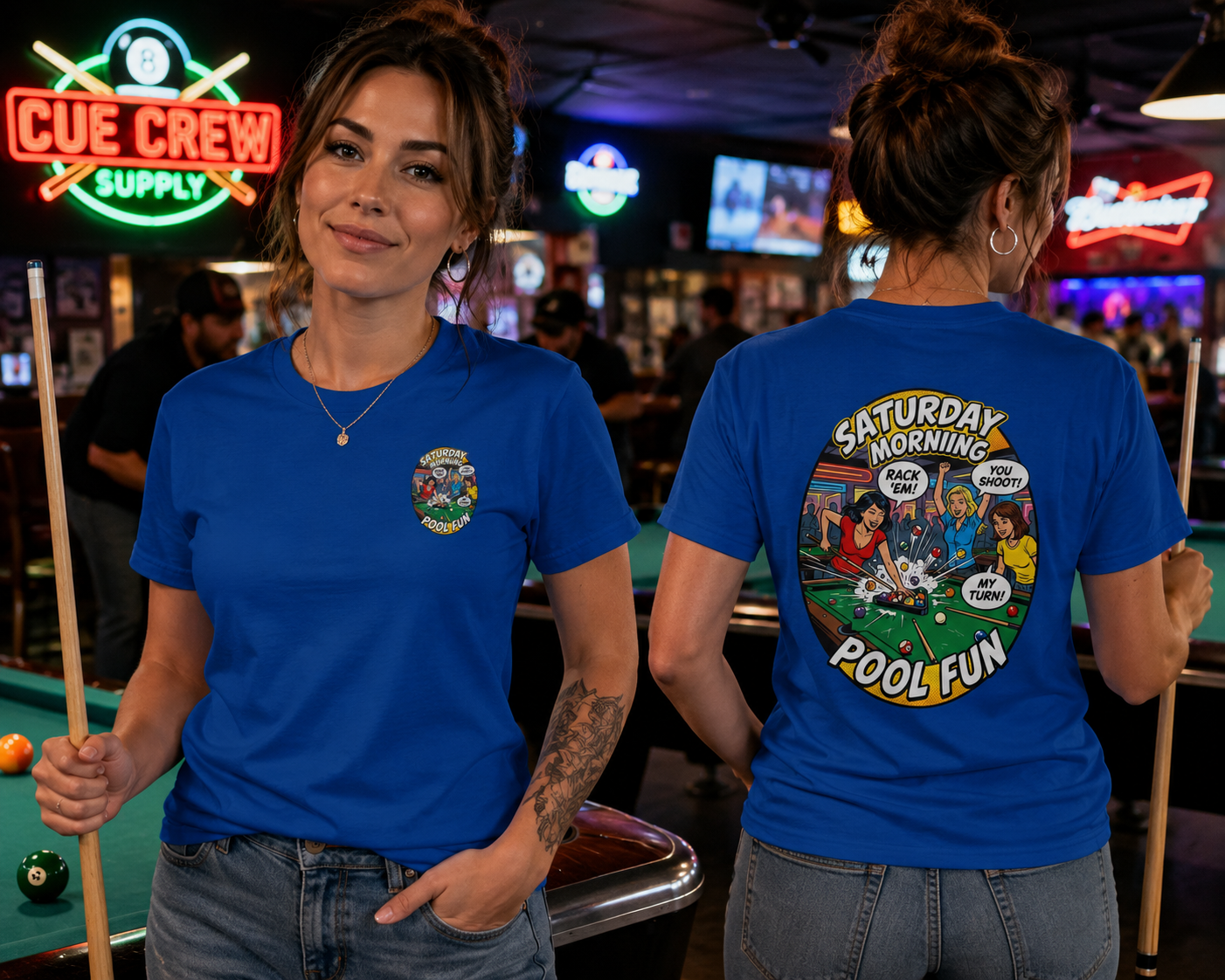 Saturday Morning Pool Fun Retro Comic Billiards T-Shirt | Funny Pool Player Graphic Tee | Front & Back Print