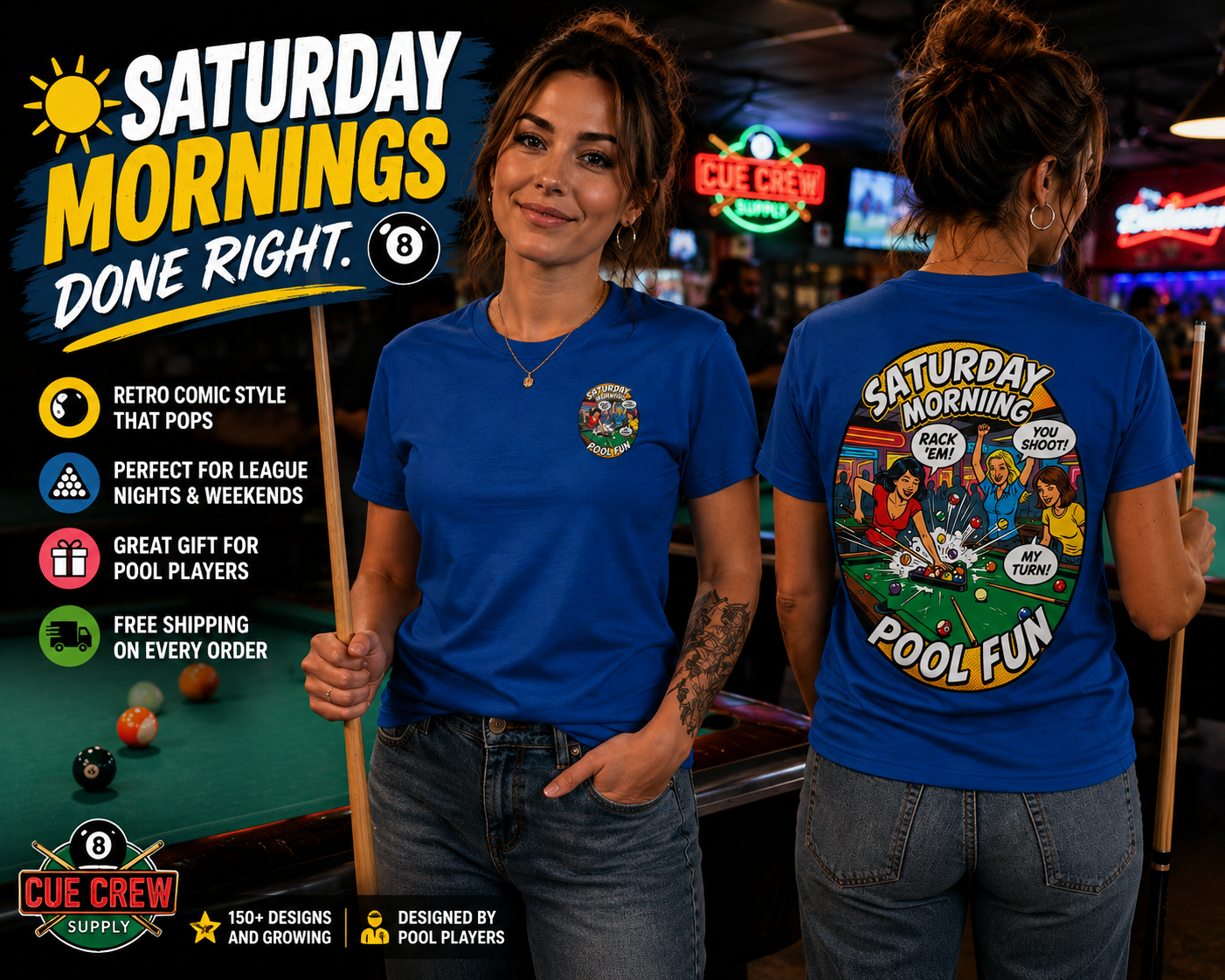 Saturday Morning Pool Fun Retro Comic Billiards T-Shirt | Funny Pool Player Graphic Tee | Front & Back Print