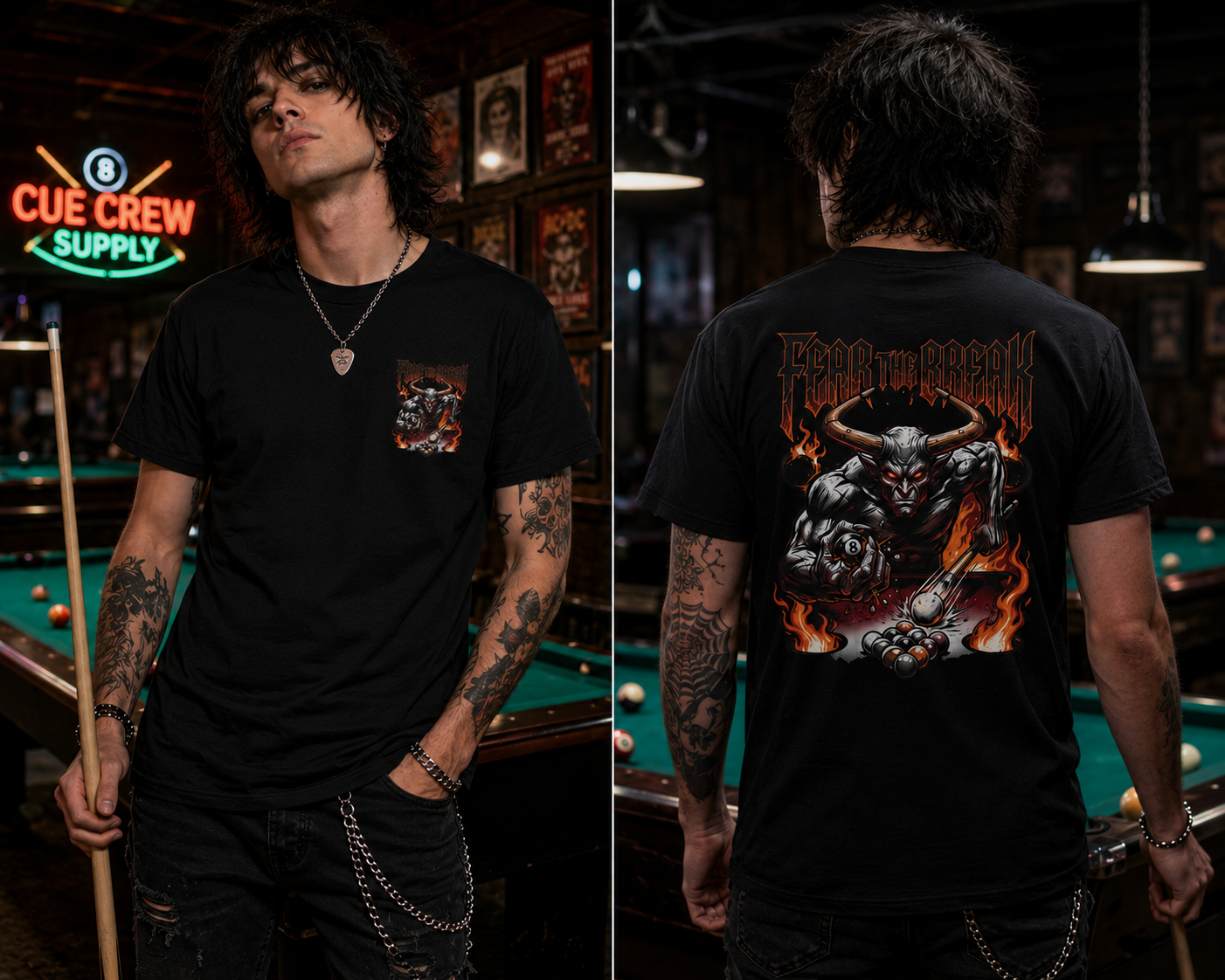Fear The Break Demon Billiards T-Shirt | Fiery Pool Player Graphic Tee | Front & Back Print