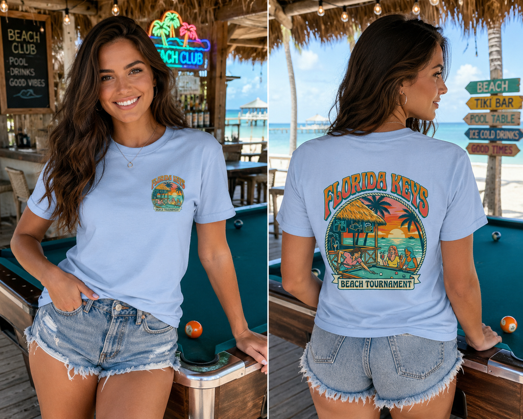 Florida Keys Beach Tournament Billiards T-Shirt – Tropical Pool Player Graphic Tee | Front & Back Print