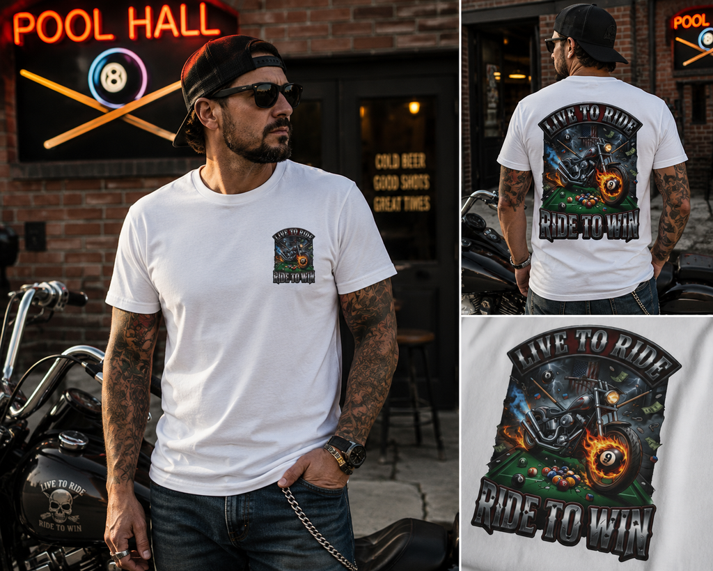 Live to Ride. Ride to Win. Biker Billiards T-Shirt | Motorcycle Pool Player Graphic Tee | Front & Back Print