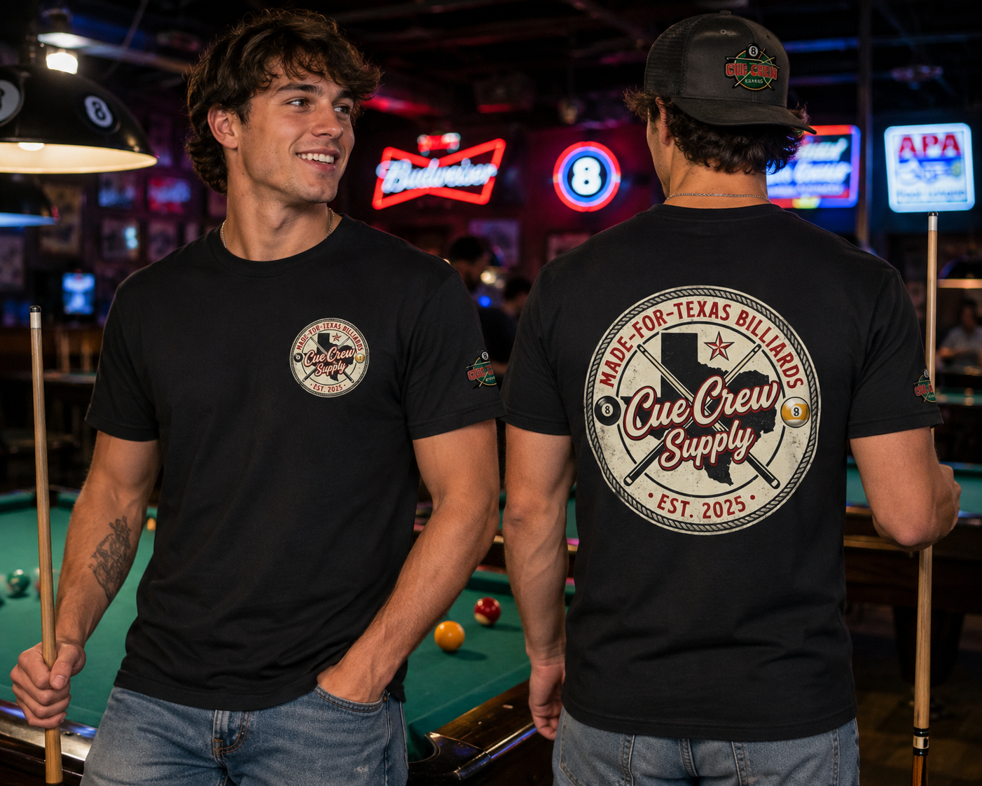 Made for Texas Billiards V2 Pool Player T-Shirt | Vintage Cue Crew Supply Texas Graphic Tee | Front & Back Print