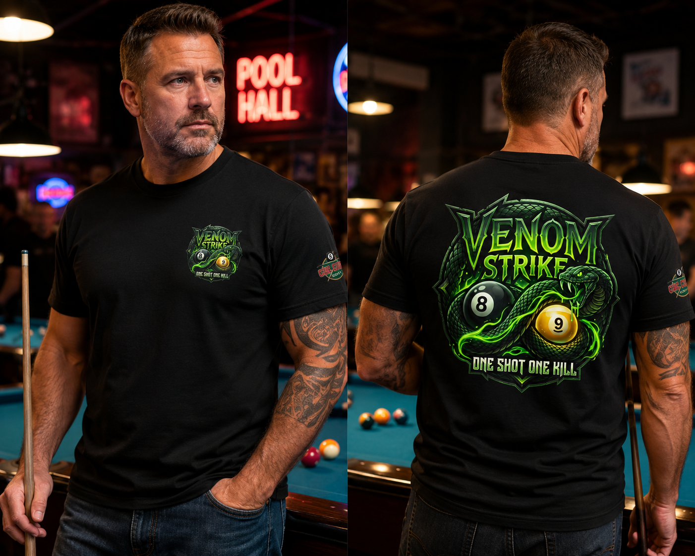 Venom Strike Pool Player T-Shirt | Snake 8 Ball & 9 Ball Billiards Graphic Tee | Front & Back Print | Cue Crew Supply
