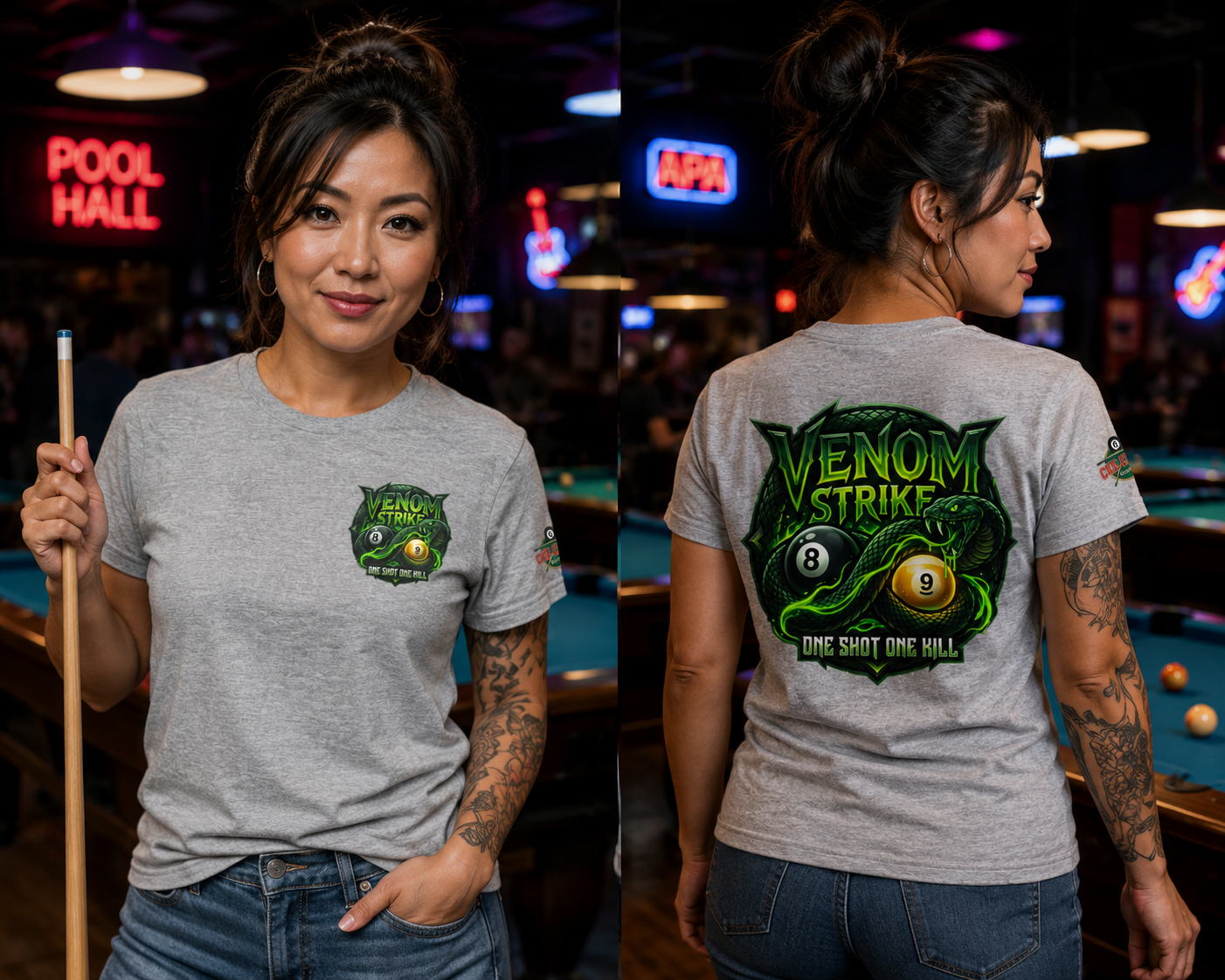 Venom Strike Pool Player T-Shirt | Snake 8 Ball & 9 Ball Billiards Graphic Tee | Front & Back Print | Cue Crew Supply