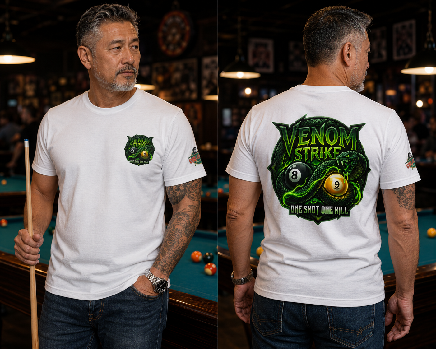 Venom Strike Pool Player T-Shirt | Snake 8 Ball & 9 Ball Billiards Graphic Tee | Front & Back Print | Cue Crew Supply