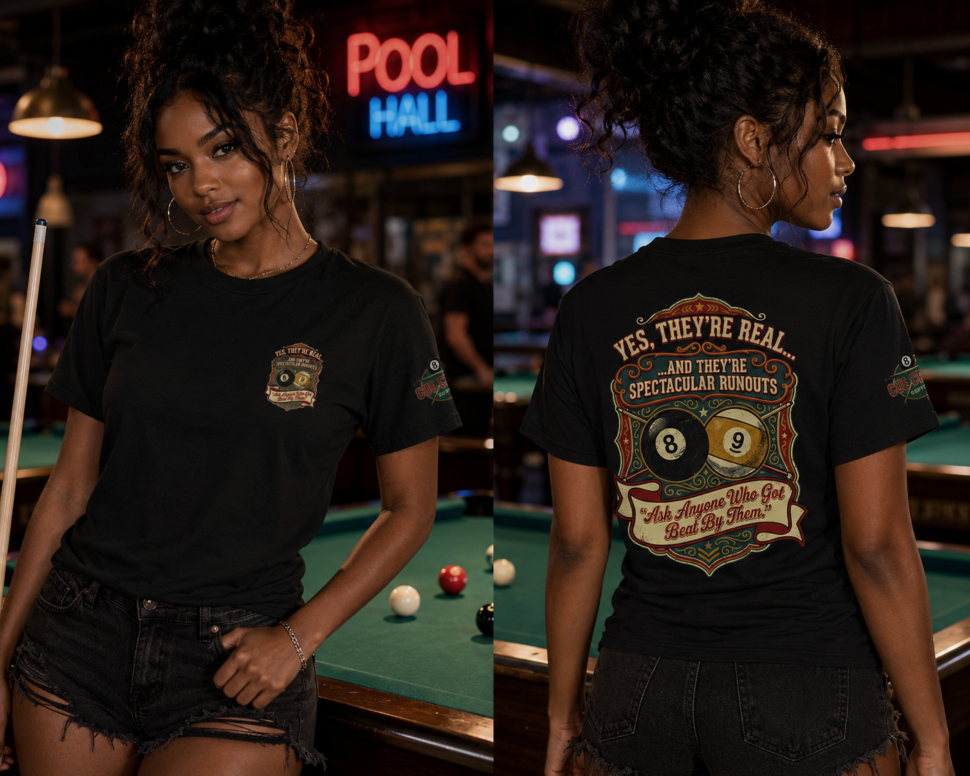 Yes, They're Real... Spectacular Runouts Pool Player T-Shirt | Funny Billiards Graphic Tee with Front & Back Print | Cue Crew Supply