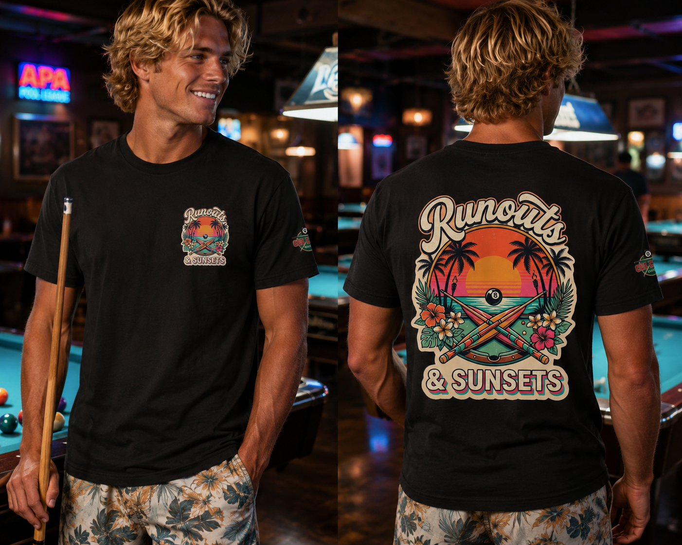 Runouts & Sunsets Pool Player T-Shirt – Tropical Billiards Graphic Tee with Front & Back Print | Cue Crew Supply