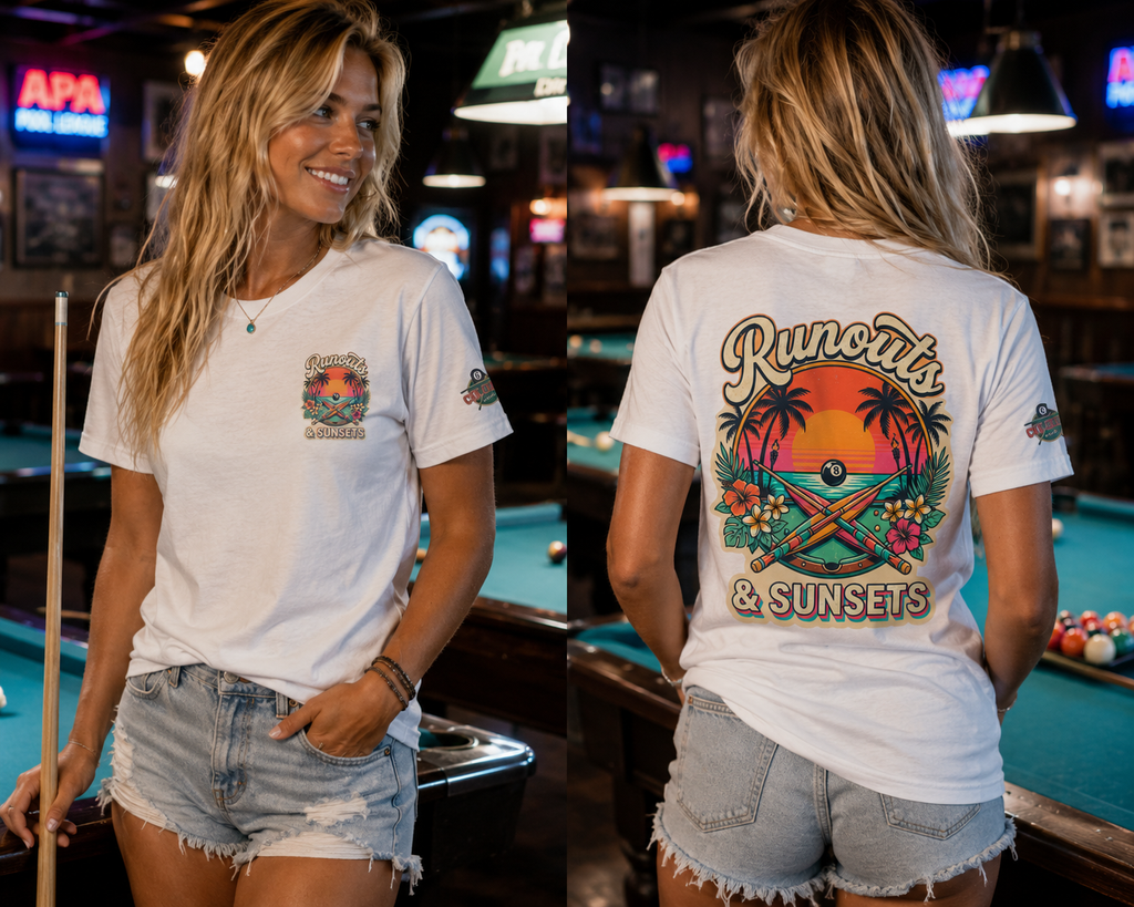 Runouts & Sunsets Pool Player T-Shirt – Tropical Billiards Graphic Tee with Front & Back Print | Cue Crew Supply