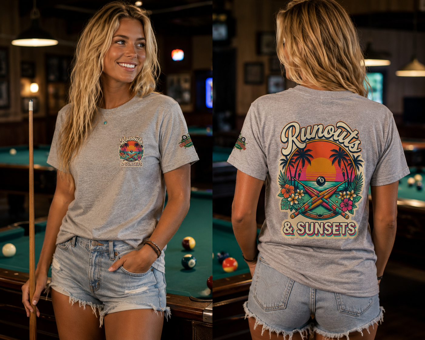 Runouts & Sunsets Pool Player T-Shirt – Tropical Billiards Graphic Tee with Front & Back Print | Cue Crew Supply