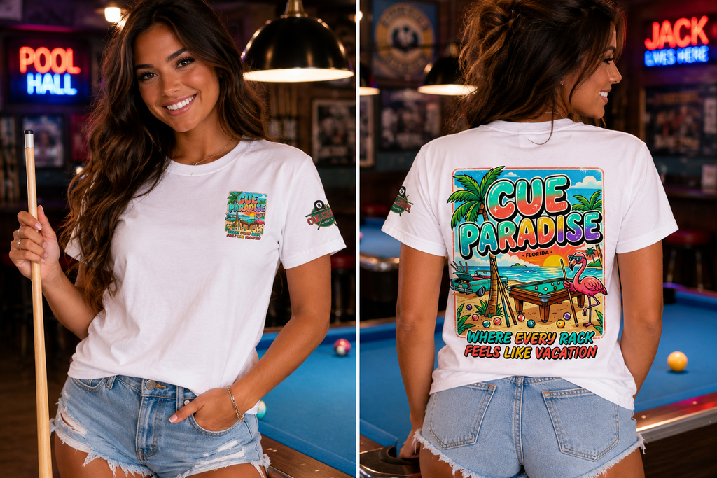Cue Paradise Florida Pool Player T-Shirt | Tropical Beach Billiards Graphic Tee | Front & Back Print | Cue Crew Supply