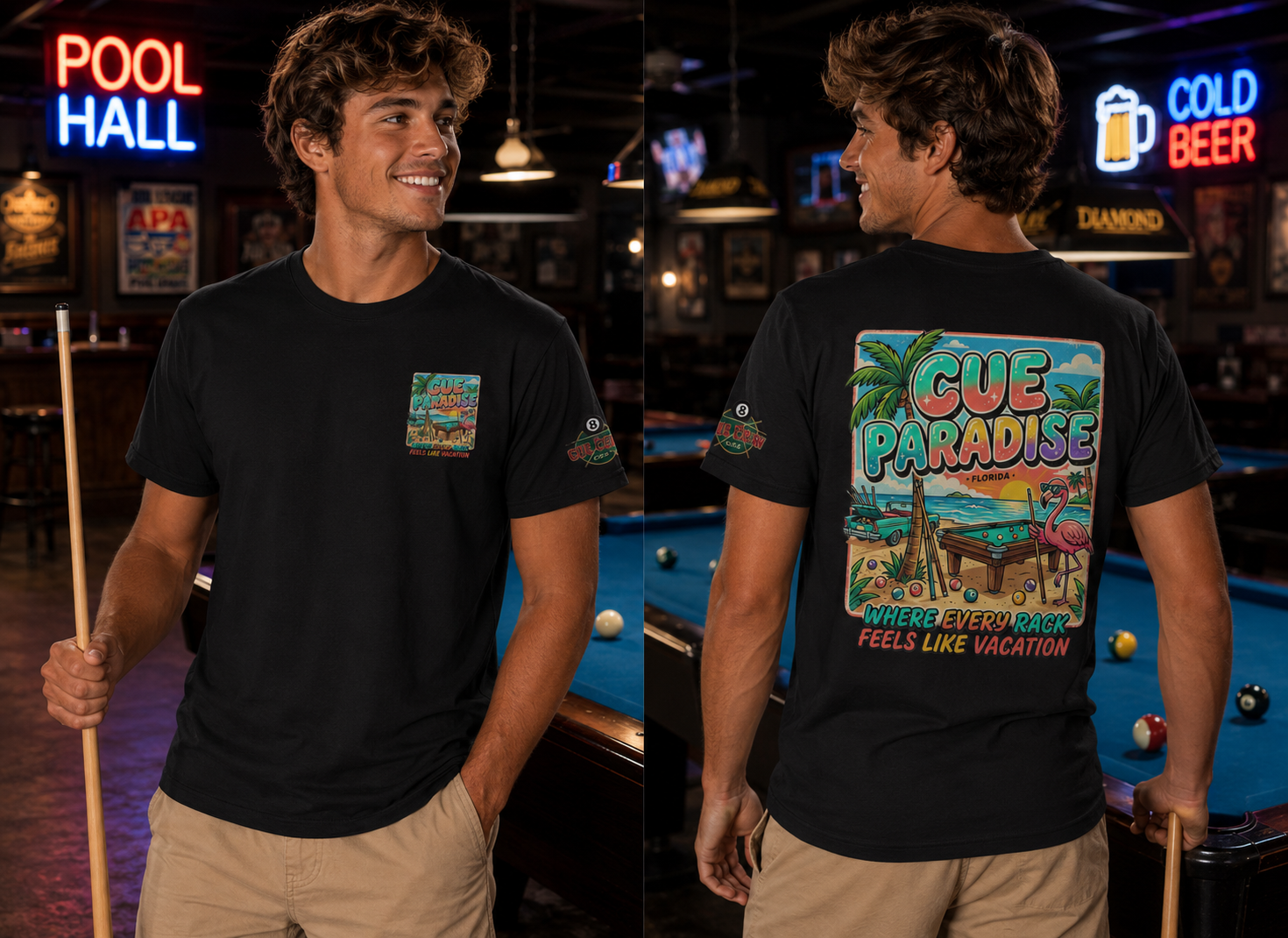 Cue Paradise Florida Pool Player T-Shirt | Tropical Beach Billiards Graphic Tee | Front & Back Print | Cue Crew Supply