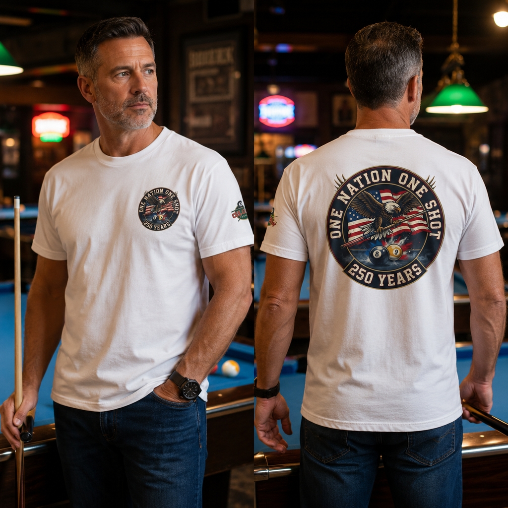 One Nation One Shot – 250 Years Patriotic Billiards T-Shirt | Eagle & American Flag Pool Tee