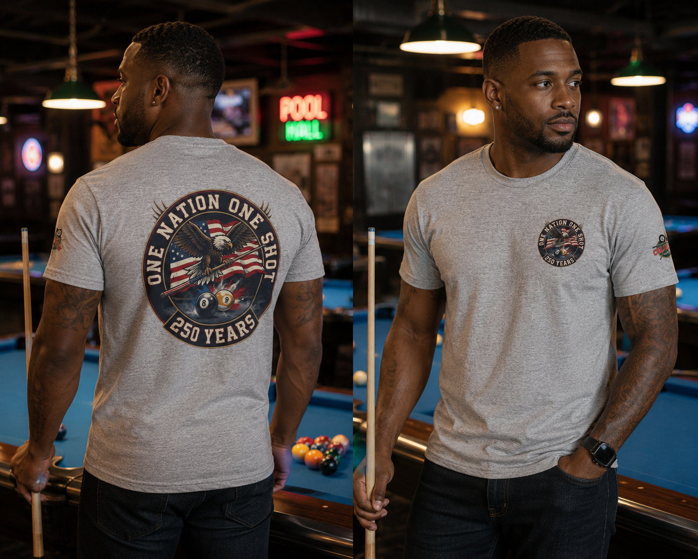 One Nation One Shot – 250 Years Patriotic Billiards T-Shirt | Eagle & American Flag Pool Tee