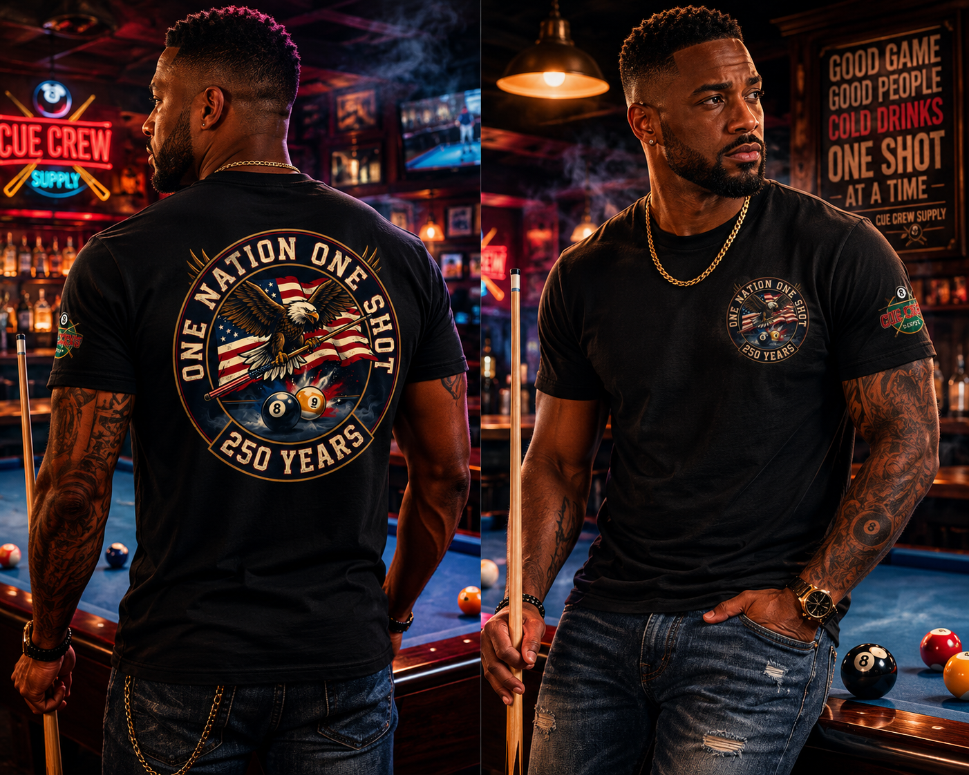 One Nation One Shot – 250 Years Patriotic Billiards T-Shirt | Eagle & American Flag Pool Tee