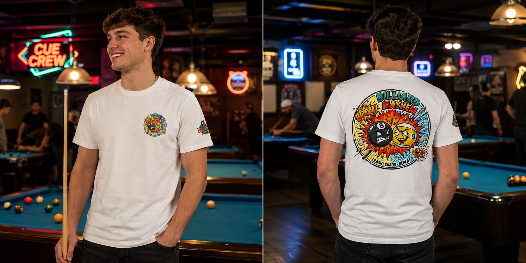 Billiard Mayhem Pool T-Shirt – Comic Style 8 Ball vs 9 Ball Graphic Tee | Cue Crew Supply