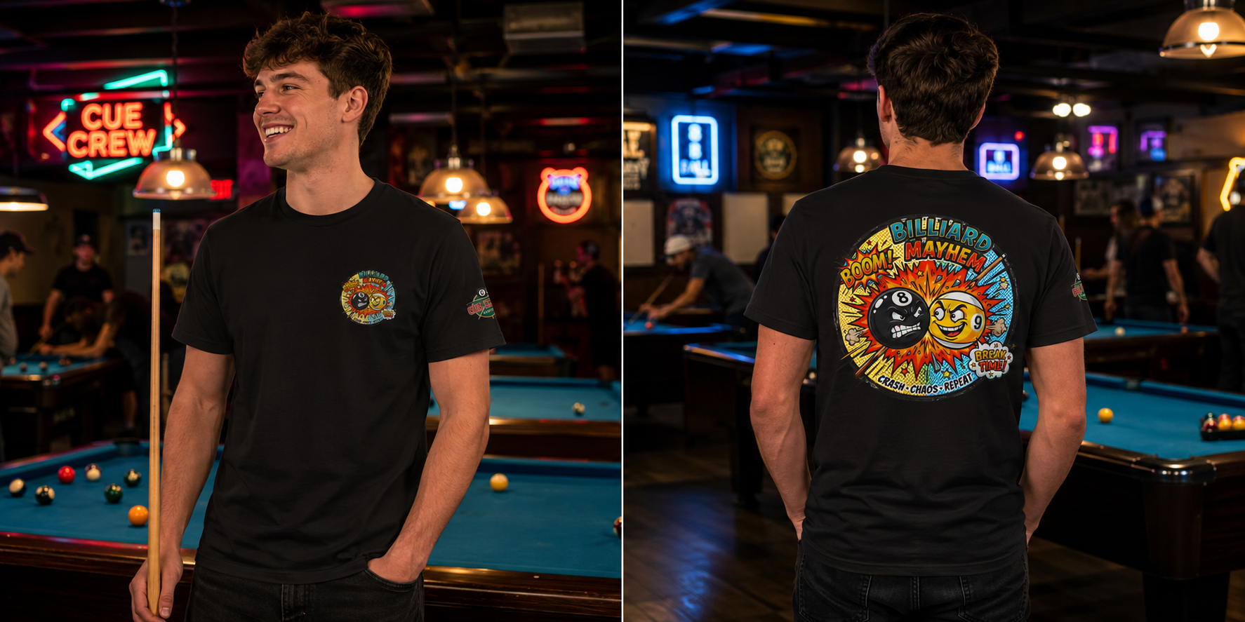 Billiard Mayhem Pool T-Shirt – Comic Style 8 Ball vs 9 Ball Graphic Tee | Cue Crew Supply