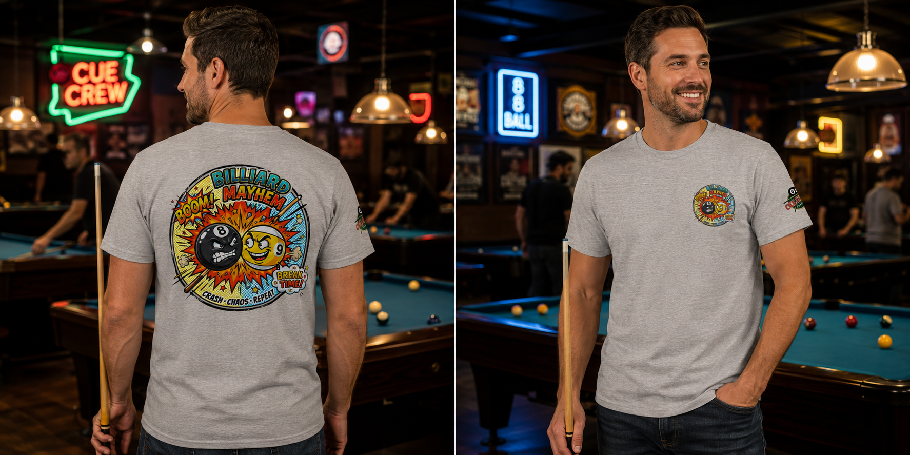 Billiard Mayhem Pool T-Shirt – Comic Style 8 Ball vs 9 Ball Graphic Tee | Cue Crew Supply