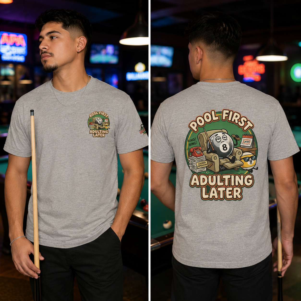 Pool First, Adulting Later Billiards T-Shirt | Funny Pool Player Graphic Tee | Cue Crew Supply